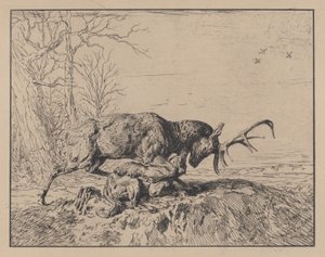 Stag Fighting a Wolf, efter Antoine Louis Barye, 1846. av Charles Emile Jacque