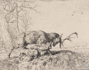 Stag Fighting a Wolf, efter Antoine Louis Barye, 1846. av Charles Emile Jacque
