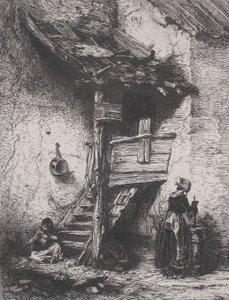 Trappor och kvinna som kurrar, 1845. av Charles Emile Jacque