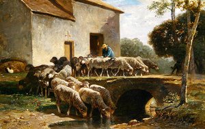 The Flock Leaving (olja på panel) av Charles Emile Jacque