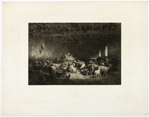 Den stora fårkojan, horisontell tallrik av Charles Emile Jacque