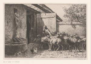 Kvinna som leder fåren till stallet Bergerie av Charles Emile Jacque