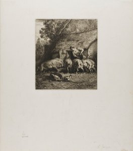 Kvinna matar sex grisar av Charles Emile Jacque