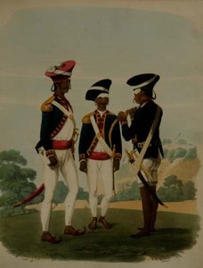 Officerare och menig från Gurcasear Corps, Madras, skylt 37 från "Oriental Drawings", graverad av Thomas Medland (1755-1823) pub. 1806 (akvatint)