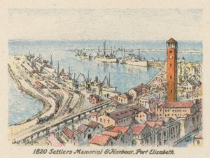 Sydafrika: 1820 Settlers Memorial and Harbour, Port Elizabeth (färglitografi) av Charles Ernest Peers