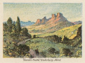 Sydafrika: "Garden Castle", Underberg, Natal (färglitografi)