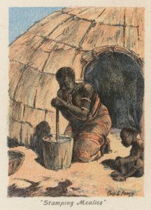 Sydafrika: "Stamping Mealies" (färglitografi) av Charles Ernest Peers