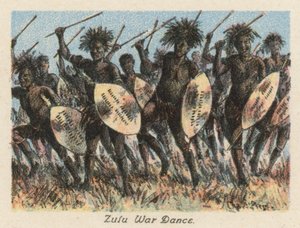 Sydafrika: Zulu krigsdans (färglitografi) av Charles Ernest Peers
