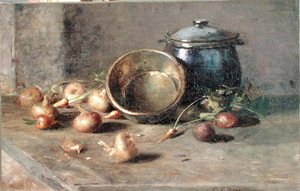 Stilleben (Crock, Kettle and Onions) (olja på duk)