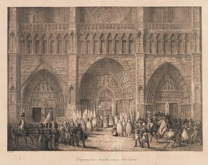 Flaggor tagna vid Austerlitz Mottagna vid Notre Dame, tidigt 1800-tal (litho) av Charles Etienne Pierre Motte