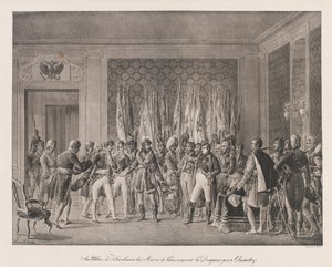Maires of Paris tar emot Austerlitz flagga, tidigt 1800-tal (litho) av Charles Etienne Pierre Motte