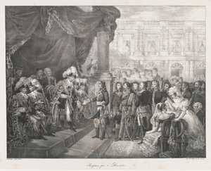 Mottagning av Directoire, tidigt 19:e århundrade (litho) av Charles Etienne Pierre Motte