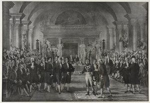 Mottagning av Napoleon Bonaparte vid institutet, klass för fysik och matematik, sektionen för mekanisk konst den 25 december av Charles Etienne Pierre Motte