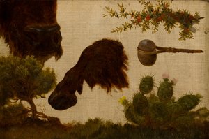Studie för "The Wounded Buffalo": bergsalvia, buffelhuvud och hov, tjurbär, stenyxa och kaktus ...