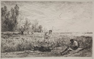Höslagning, originalavtryck 1862, tryckt 1921. av Charles Francois Daubigny