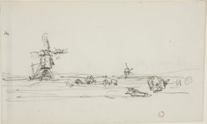 Landskap i Holland (recto); Skiss av väderkvarnar vid vatten (verso) av Charles Francois Daubigny