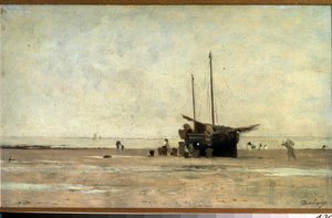 ""Seascape"" En segelbåt på sanden vid lågvatten. Målning av Charles Francois Daubigny (1817-1878) 1868-1872 Pushkin-museet, Moskva av Charles Francois Daubigny