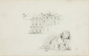 Skisser: Hotel de Ville, Tours och en flicka som leker (recto); Stork (verso) av Charles Francois Daubigny