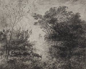 Stags, originalavtryck 1862, tryckt 1921. av Charles Francois Daubigny