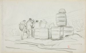 Studie av en grupp människor med tunnor (recto); Två studier av en kvinna som skördar (verso) av Charles Francois Daubigny