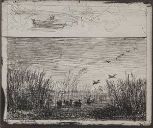 Träsk med ankor, originalavtryck 1862, tryckt 1921. av Charles Francois Daubigny