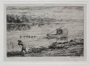Båtresan: Kabinpojke som drar bogserlinan eller drar med rep av Charles Francois Daubigny