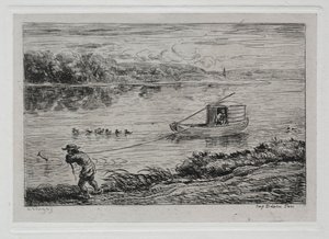 Båtresan: Cabin Boy Hauling the Tow-Rope eller Hauling by Rope, 1861. av Charles Francois Daubigny