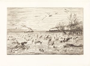 Fisken gläds när stugan pojken lämnar (Rejouissances de poissons du depart du mo av Charles Francois Daubigny
