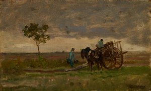 Vidsträckt landskap med Farmers Chariot (olja på ek) av Charles Francois Daubigny