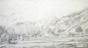 Vy över byggnader i en muromgärdad inhägnad med berg i bakgrunden, mitten av 1800-talet av Charles Francois Daubigny