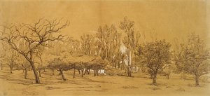 Utsikt över en fruktträdgård i Saint-Denis (penna och svart bläck, förhöjd med vit kroppsfärg och berörd med svart krita eller kol, på styvt benvitt papper) av Charles Francois Daubigny