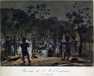 Napoleons återkomst från Elba. Napoleons bivack vid Golfe-Juan den 1 mars 1815 - Levachez, Charles Francois Gabriel (aktiv 1760-1820) - 1815 - Akvatint - 29,5x30 - Privat samling