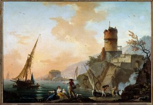 Marine, utsikt över Medelhavet Målning av Charles Francois Lacroix av Marseille (1720-1779) 1700-tals sön. 0,61x0,82 m Orleans, Musee des Beaux Arts