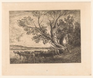 Landskap med vadande boskap le gue av Charles François Daubigny (attributed to)