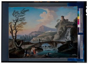 Ett flodlandskap med fiskare som drar sina nät, ett stenigt landskap och en gångbro bortom av Charles François Grenier de Lacroix