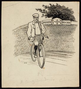 En man på cykel framför en skylt som markerar länsgränsen mellan Middlesex och Buckinghamshire