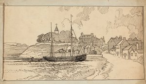En segelbåt på stranden vid lågvatten, vid en stråk som leder upp mot en by av Charles George Harper