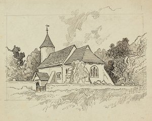 Exteriörvy av en oidentifierad kyrka (penna och bläck på papper)