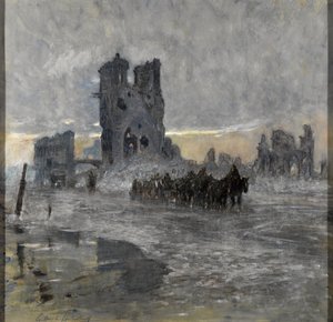 Hästdragna transporter, möjligen ett artilleritåg, passerar den förstörda tyghallen, Ypres av Charles Gilbert Holiday