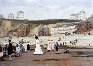 På stranden. Gravyr av Gillot omkring 1900.