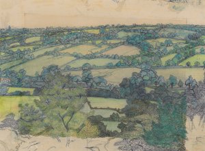 Applehayes, ca 1912 (penna, krita, penna och blått bläck på papper) av Charles Ginner