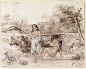 Tahitians Bathing, 1844 (penna och tvätt på papper) av Charles Giraud
