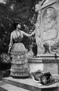 Blanche Baretta (Baretta) (f. 1855) från Comedie Francaise, talar herr Francois Coppees verser, framför monumentet Corot i Ville d