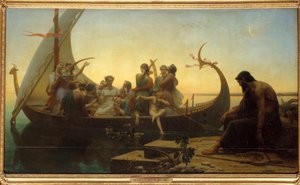 Förlorade illusioner eller kväll En allegorisk scen som föreställer karaktärer på en avgående drakkar, en man stannar vid kajen med en lyra. Målning av Charles Gleyre (1806-1874) 1800-talets sön. 1,56x2,38 m