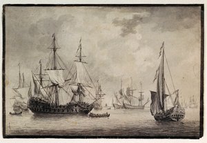 Holländsk örlogsman, statlig yacht och avlägsna fartyg i en hamn, sent 1700-tal (penna, bläck) av Charles Gore