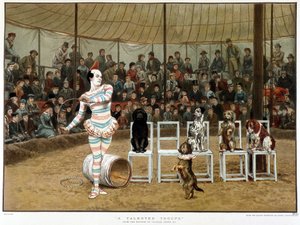 De lärda hundarna: cirkusscen med clown och hundar - efter Charles Green, engelska chromo 1885. ¿De lärda hundarna: cirkusscen med clown och hundar - efter Charles Green, engelsk chromo 1885. ¿ av Charles Green