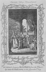 Dunstan släpar kung Edwy från sin gemål drottning Ethelgiva på sin kröningsdag 1773. av Charles Grignion