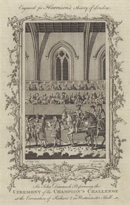 Sir John Dimmock utför ceremonin för Champions Challenge vid kröningen av Richard II i Westminster Hall, 1377 av Charles Grignion