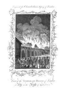 Utsikt över den tillfälliga bron i London i brand...1758., c1770 av Charles Grignion