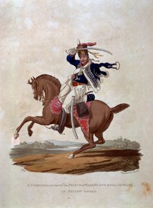 En korpral från 10:e eller Prince of Wales Own Royal Hussars i Review Order, från "Costumes of the Army of the British Empire, according to the last regulations 1812", graverad av J.C. Stadler, pub. av Charles Hamilton Smith